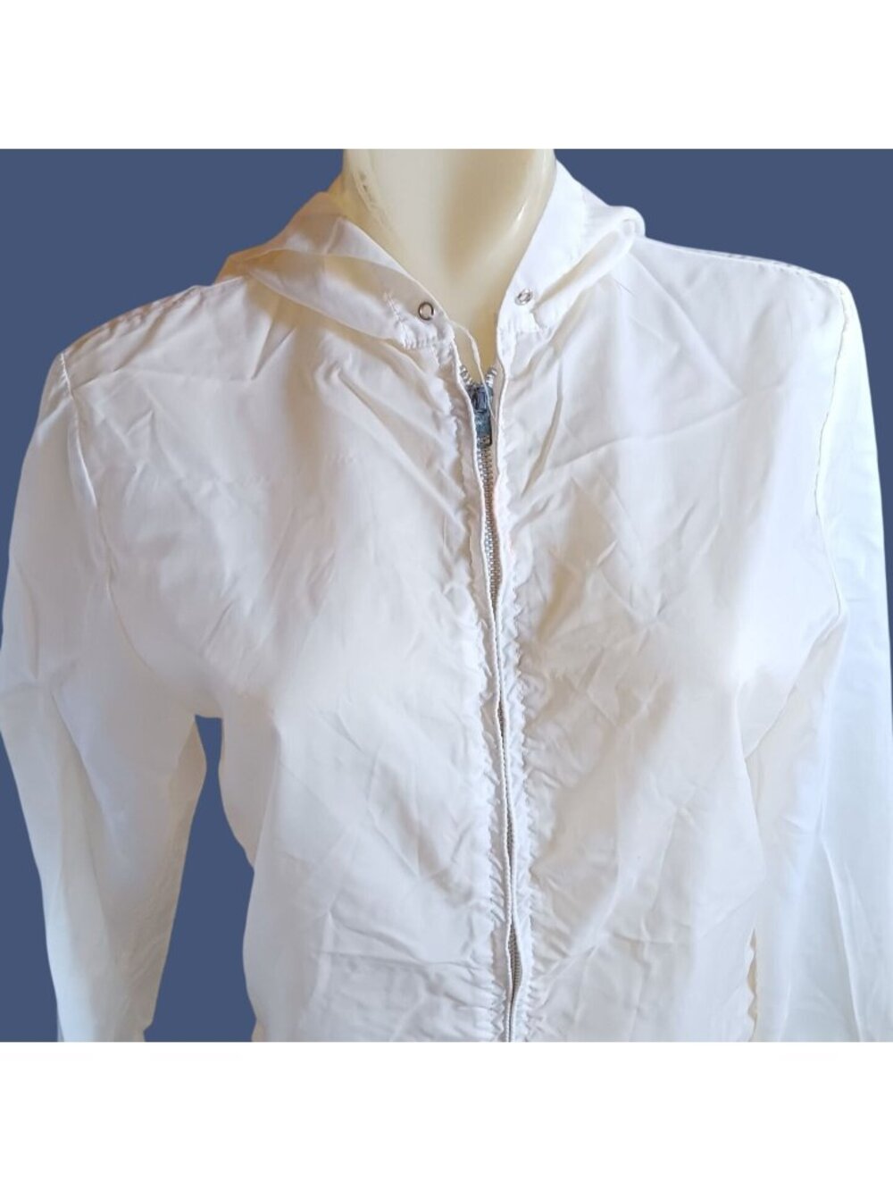 Vintage Women's Small Hoody White Hooded Windbreaker Jacket Steel Zipper 70s